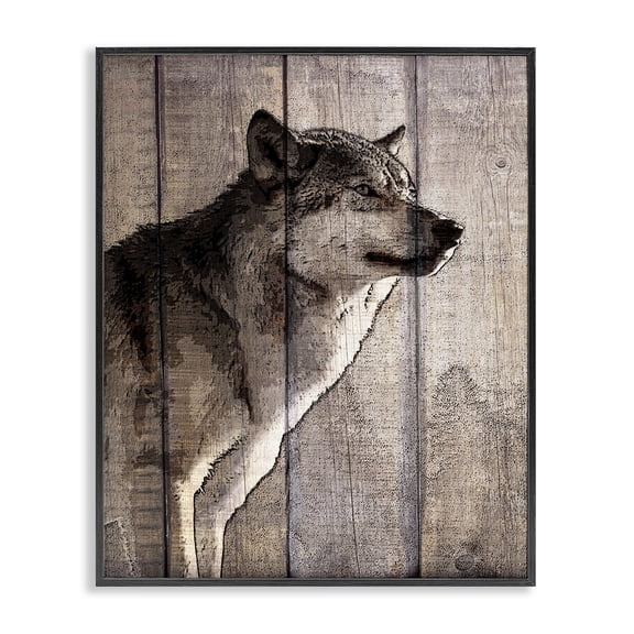 Stupell Industries Farmhouse Brown Wolf Planked Look Photography Black Framed Giclee Art, 11 x 14, by Kim Allen