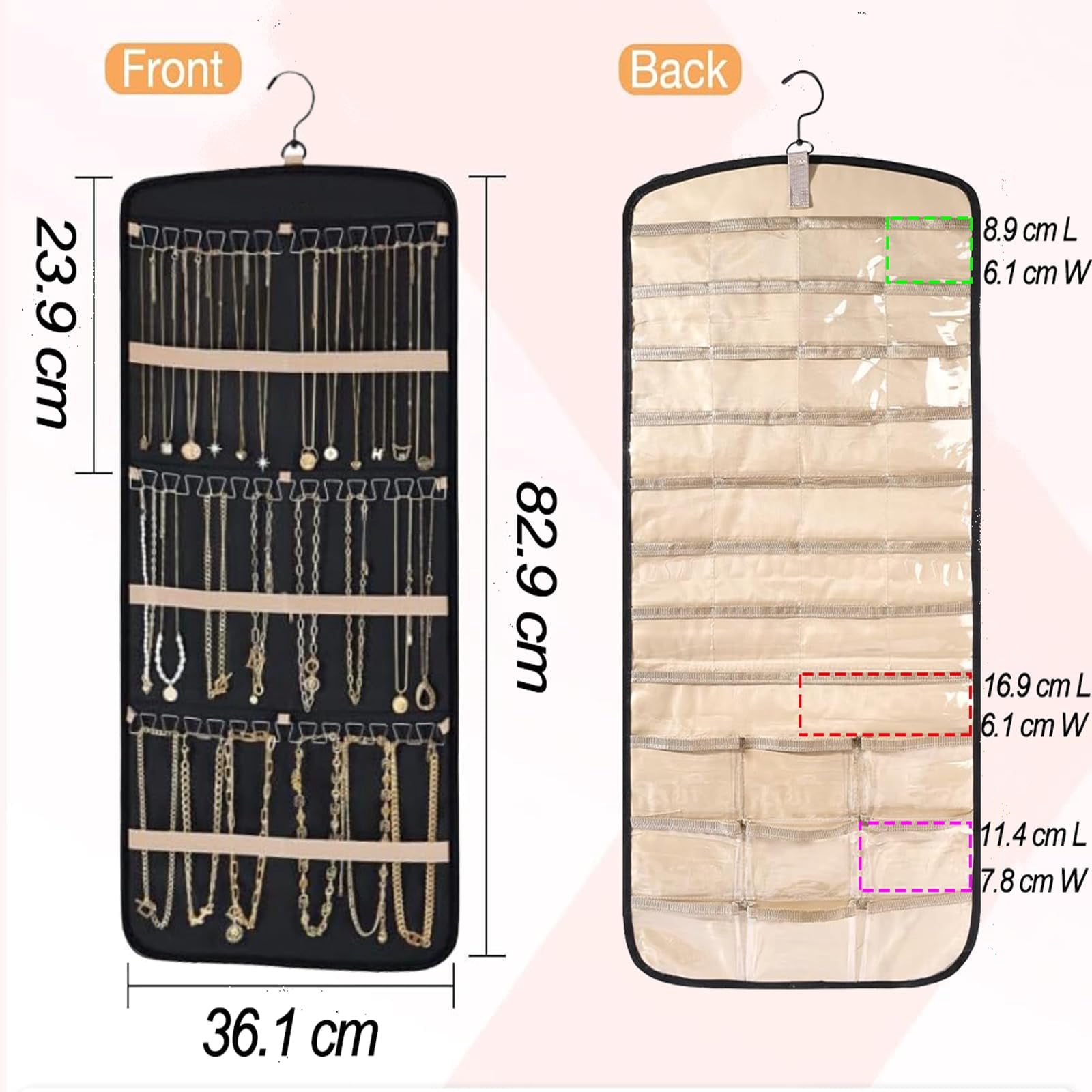 Hanging Jewelry Organizer with 39 Pouches, 36 Necklace Hooks, Double Sided Necklace holder