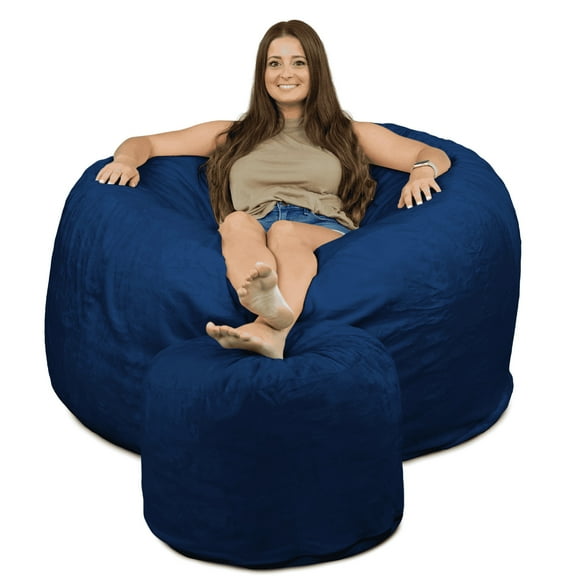 Ultimate Sack 5000 5-Foot Bean Bag Chair with Footstool Set, Navy Fur Cover