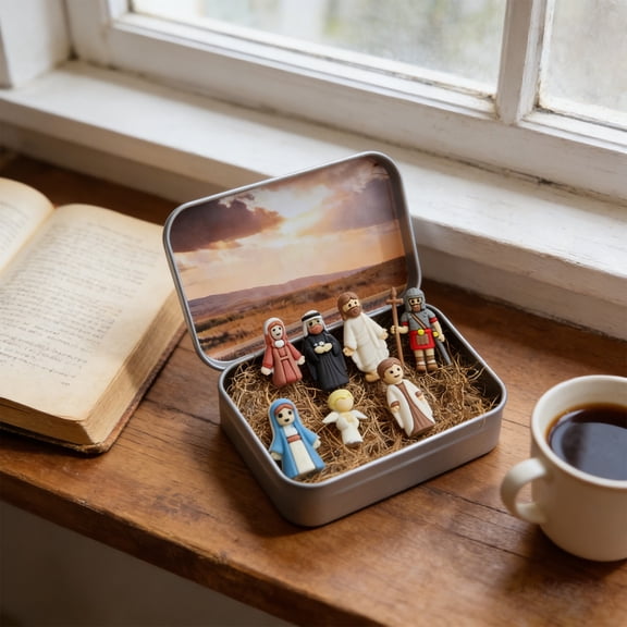 Mini Nativity Set Tin Box, Usupdd Portable Pocket Holy Family Figurines Religious Christmas Decor, 3.74 Inch Handmade Resin Dolls Travel Gift for Family Home Office