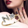 thumbnail image 2 of Anillos de 26 letras para mujer: anillos abiertos ajustables con diamantes de imitación y circonitas, accesorios de joyería (N, ajustable), 2 of 4
