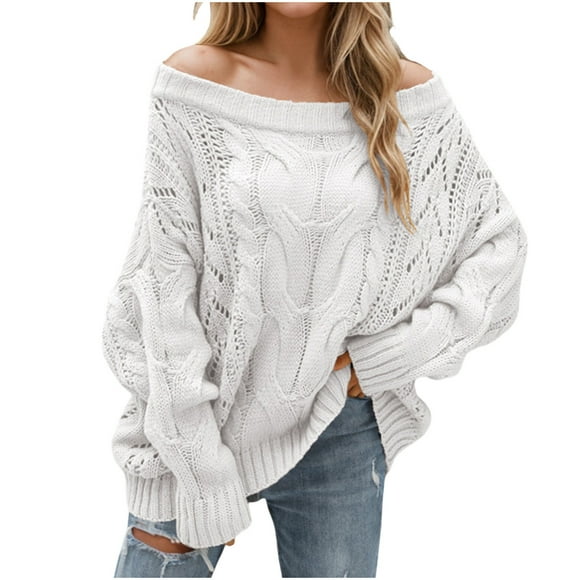 cfhntfmh Fall Sweaters for Women 2024 Cold Shoulder Long Sleeve Crochet Hollow out Pullover Top Casual Cable Knit Sweater