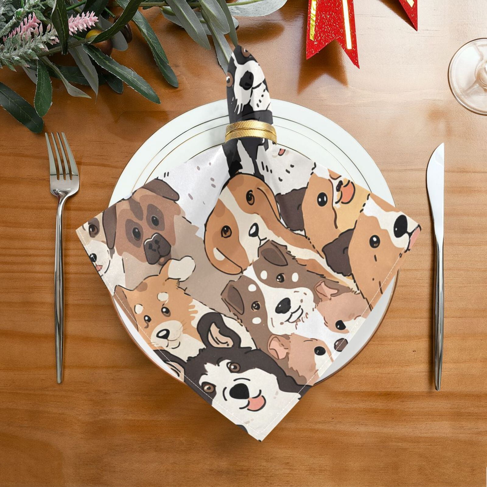 JSTEL Cute Dog Prints Puppy Animal Cloth Napkins Set of 6, 20x20 Inch Washable and Reusable Napkin for Decoupage Dinner Party Everyday Use