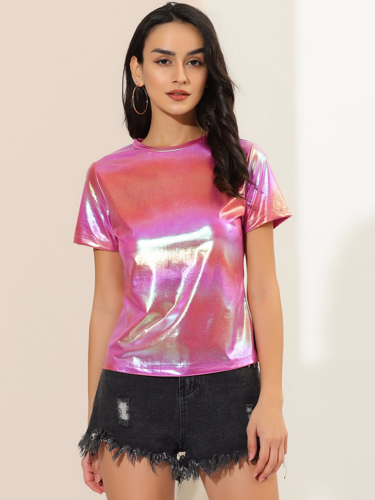 DARING DIVA Party Metallic Textured Short Sleeve Shiny Tops XL Pink