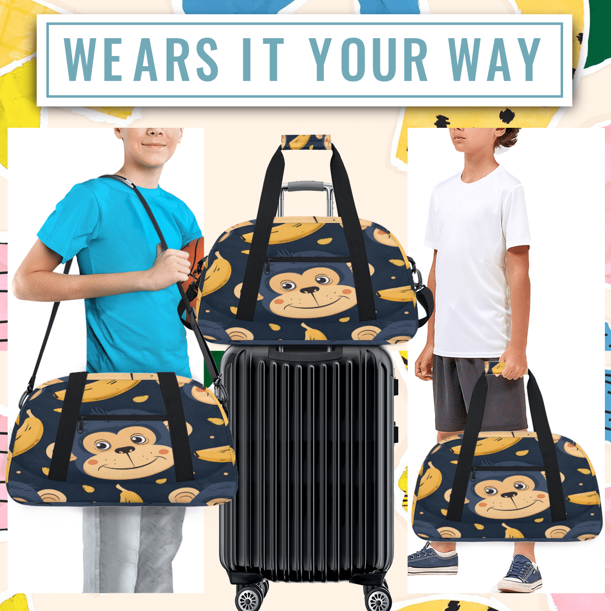 Herdesigns Monkey Sports Duffle Bag for Women & Men, Banana Gym Bag Dance Bag Overnight Bag Carry On Weekender Travel Bag