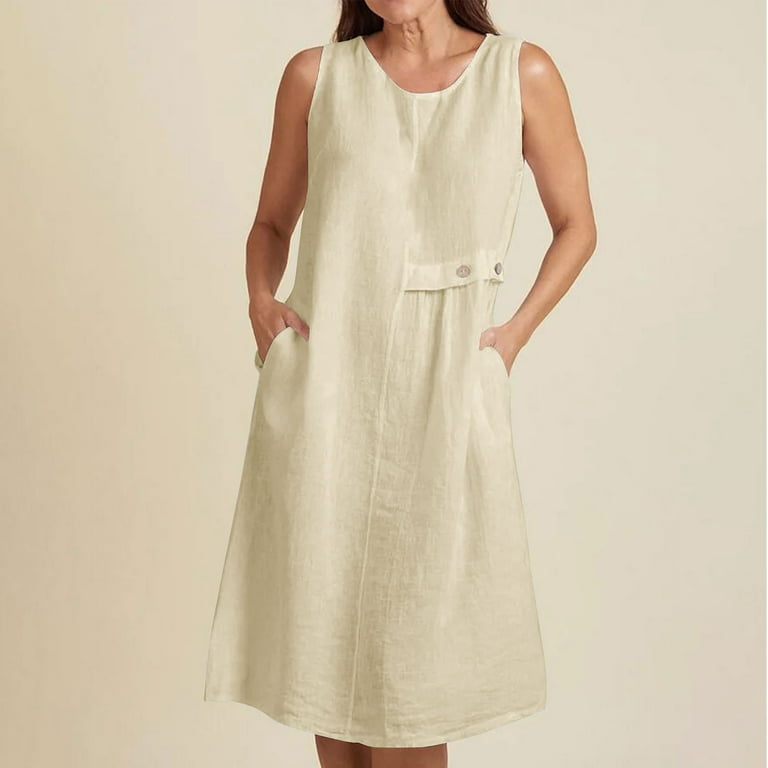 Xpmwrp Women's Sleeveless Linen Midi Dress with Pockets Crew Neck Button Detail Casual Loose Shift Dress Summer Daily Wear Dress for Mature Women