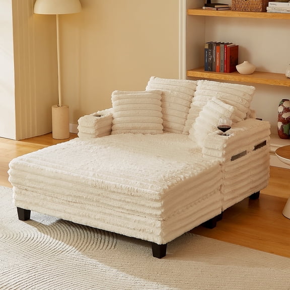 Amsleekey 64" Oversized Chaise Lounge Chair Indoor, Plush Corduroy Upholstered Sofa Bed with 4 Storage Pockets, 2 Cup Holders & Pillows for Living Room, Beige
