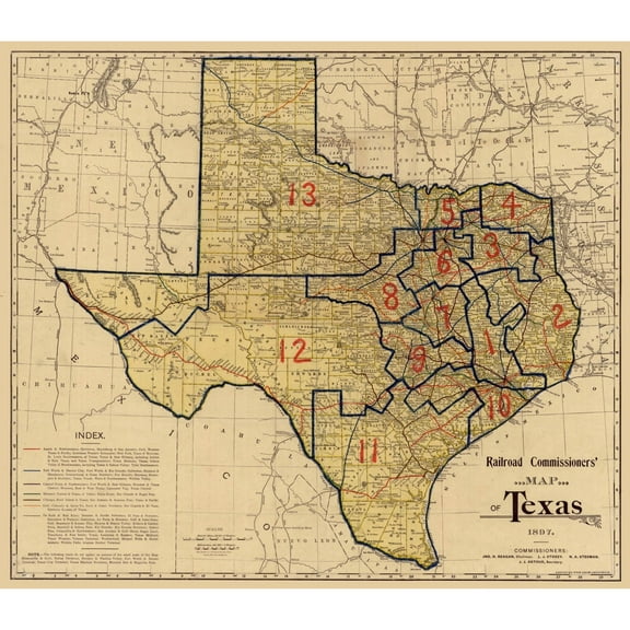 Railroad Map - Texas Railroad Commissioners - 1897 - Vintage Wall Art