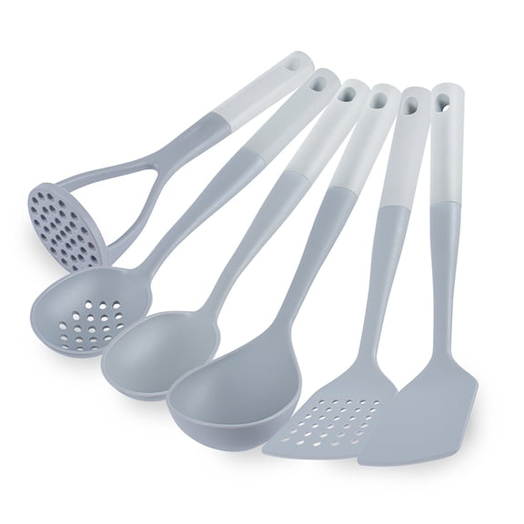 Restaurantware Silicone Utensil Set Pack of 10 Non-Slip Handle 6-Piece Nylon Kitchen Tool Set, Heat-Resistant Dishwasher-Friendly Cooking Accessories, Durable Gray and White Cooking Utensils