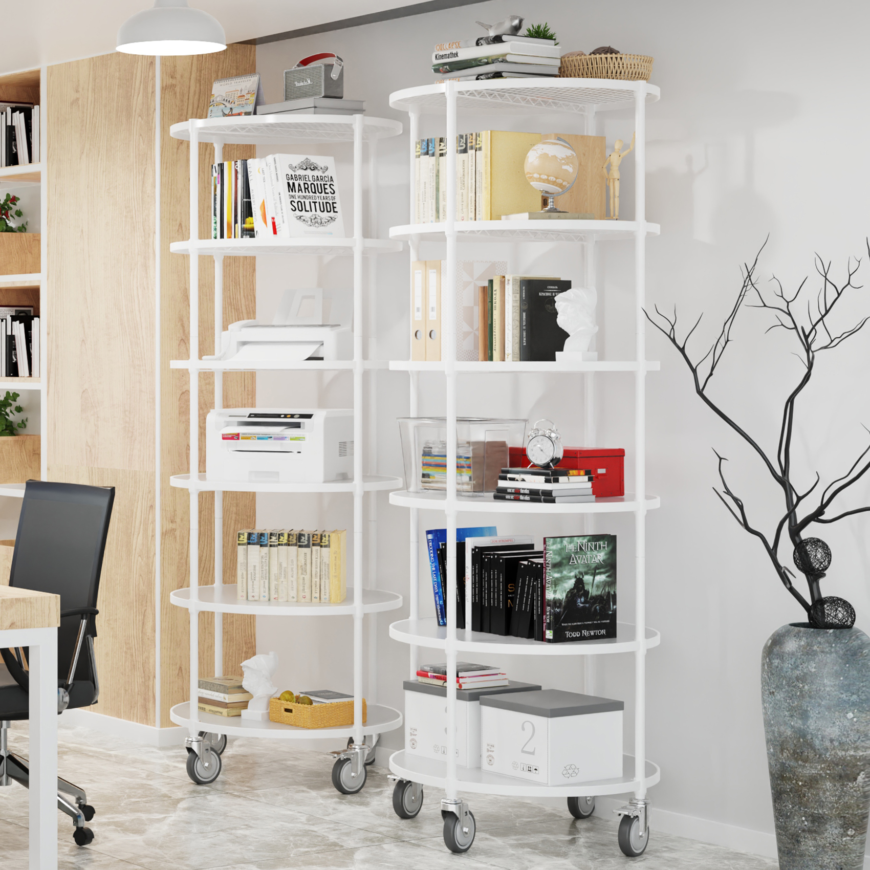 Miniyam 6-Tier Round Wire Shelving Unit with Wheels, Heavy-Duty Adjustable Storage Rack with Leveling feet, White