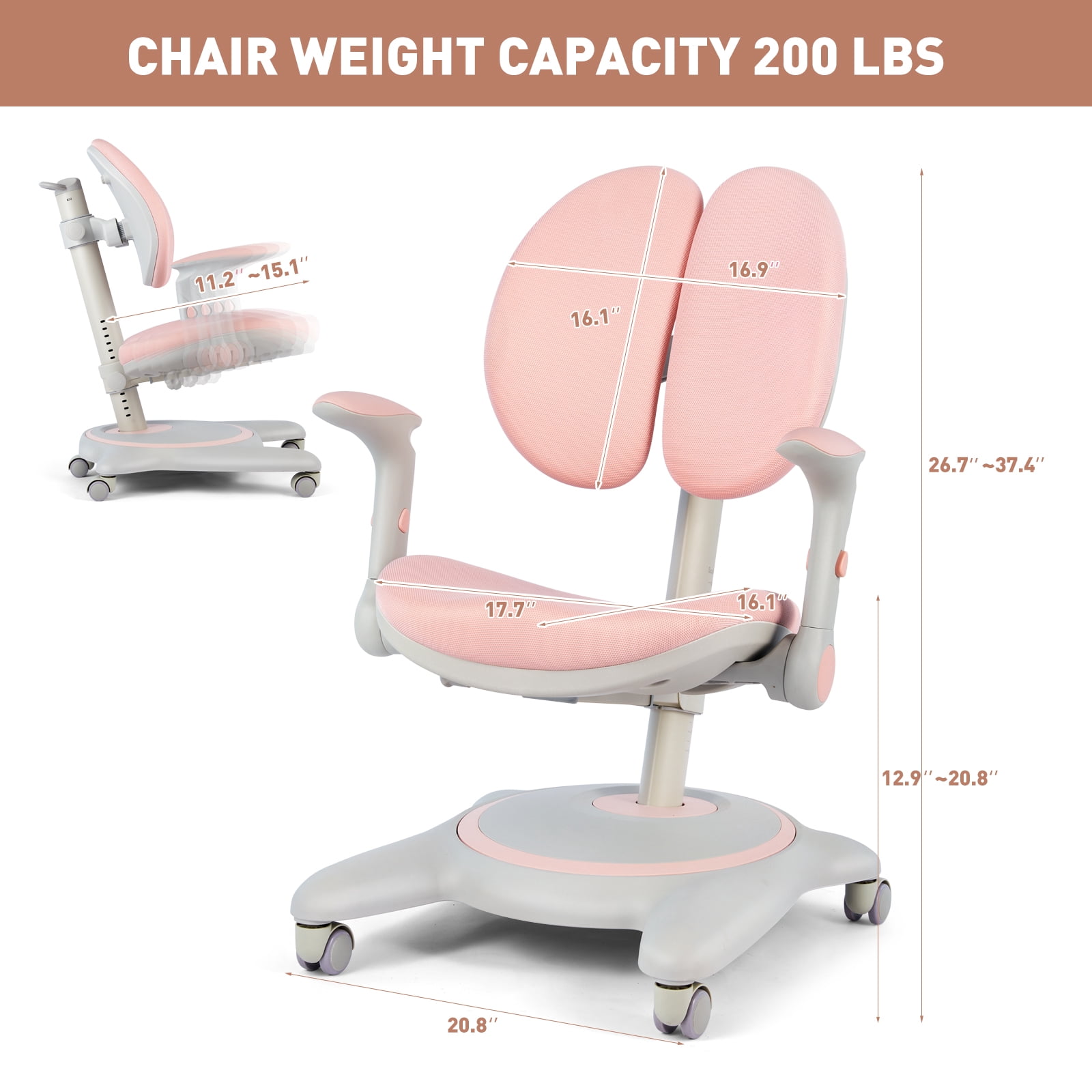 COSVALVE Premium Kids Comfy Chair Reading Chair for Bedroom with Height and Depth Adjustable,Foldable Armrest, Auto Sit-Locking Wheels,for Girls(Pink)