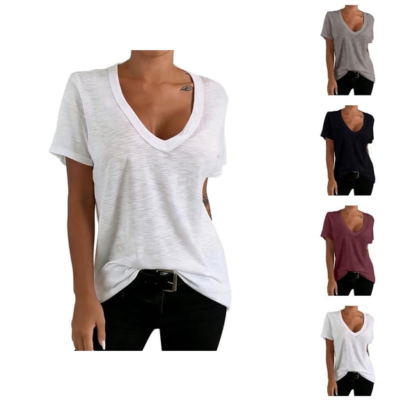 T Shirts for Women Summer Casual Short Sleeve Deep V Neck Relaxed Fit Plain Basic Tshirt Womens Tees