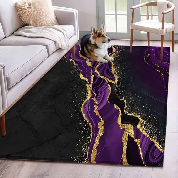 Marble Black Area Rug 3x5 Washable Rug Non Slip Purple Gold Art Abstract Vintage Farmhouse Large Area Rug Indoor Floor Carpet for Entryway Bedroom Kitchen Living Room Home Office Dining Room Nursery