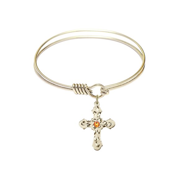 6 1/4 inch Round Eye Hook Bangle Bracelet w/ Cross medal charm w/ November Yellow Swarovski Crystal
