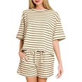 thumbnail image 2 of Women 2 Piece Sets Summer Outfits Cute Stripe Knit T Shirts Shorts Matching Lounge Set Khaki S, 2 of 7