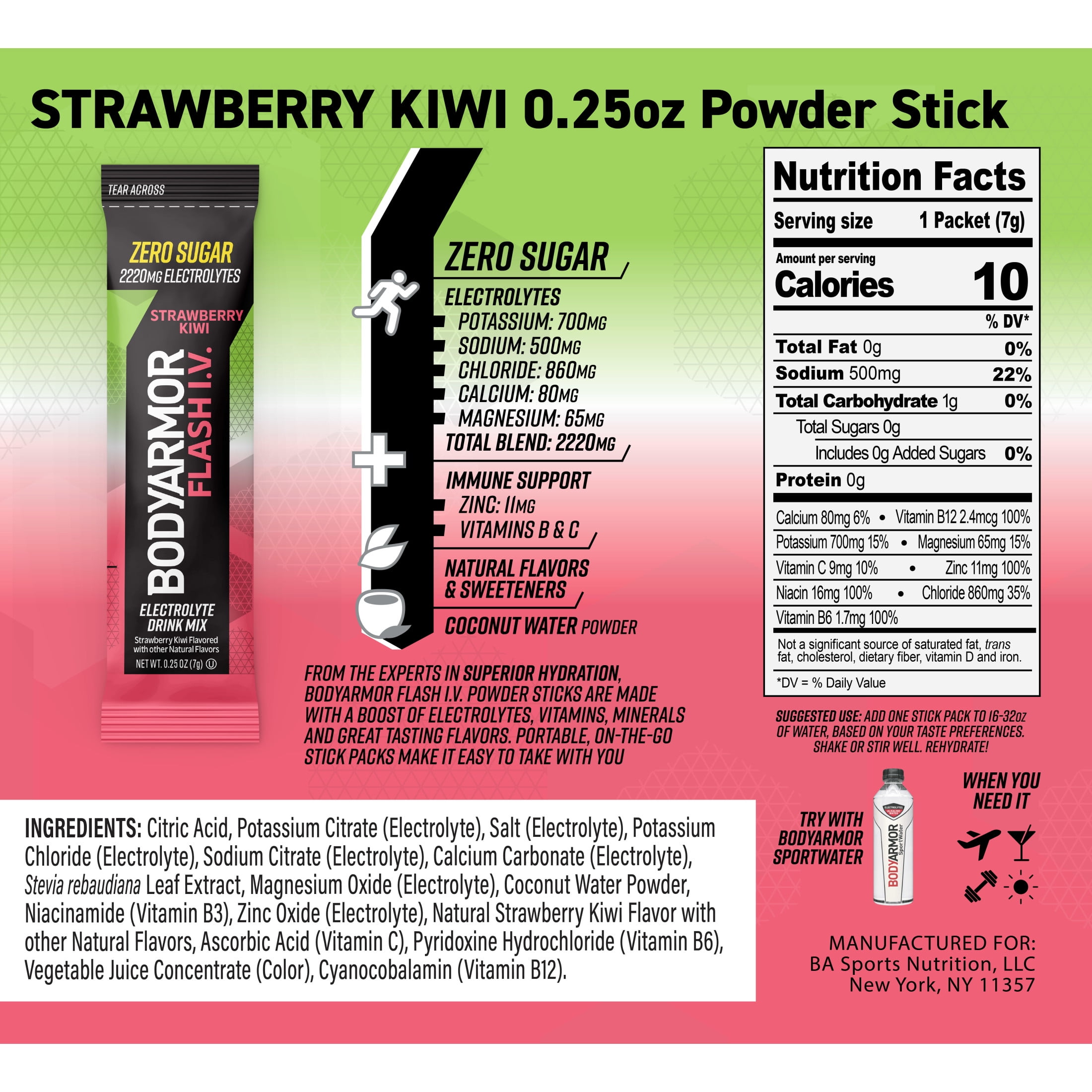 BODYARMOR Flash I.V. Strawberry Kiwi Zero Sugar Electrolyte Powder Mix, 0.25 dry oz, 6 Pack Pouches
