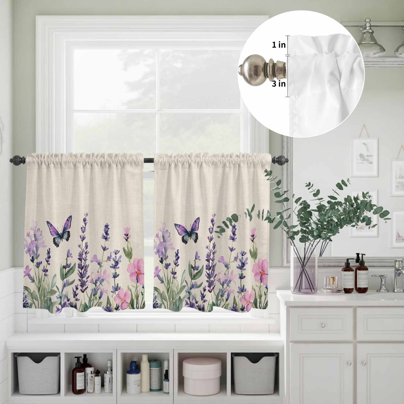 Purple Lavender Butterfly Kitchen Curtains Valances 3 Piece Set, Spring Purple Floral Flower Linen Texture Rod Pocket Tier Curtain and Valance Drapes for Small Window 24 Inch Length for Bedroom Cafe