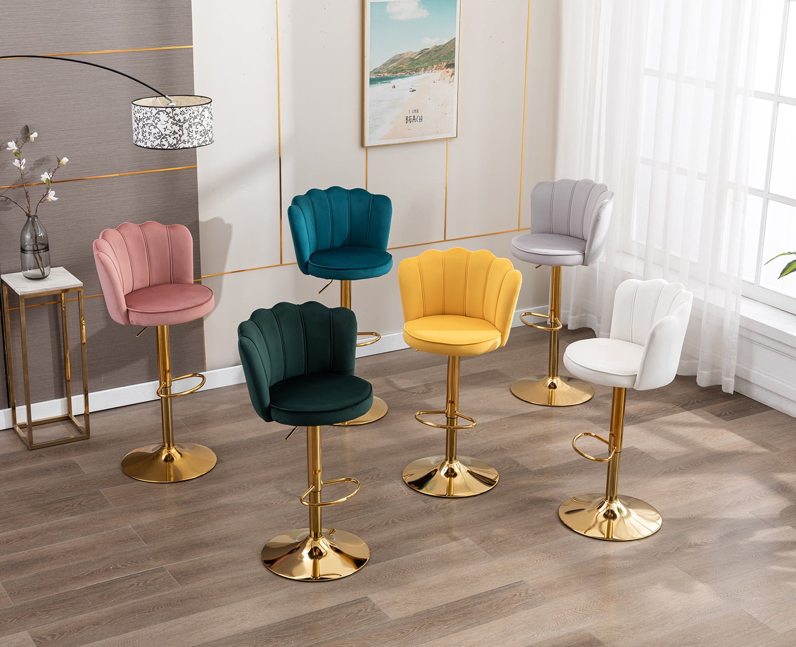 Guyou Swivel Adjustable Bar Stools Set of 2, Velvet Counter Height Barstools with Petal Back and Gold Footrest, Modern Counter Bar Height Stool Chairs for Kitchen Island Bar Cafe, Teal