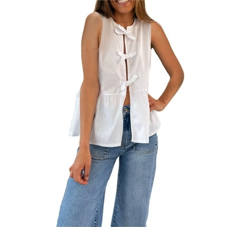 Bow Summer Shirt for Women Striped Sleeveless Crewneck Babydoll Blouse Casual Loose Open-Front Cardigan Shirt