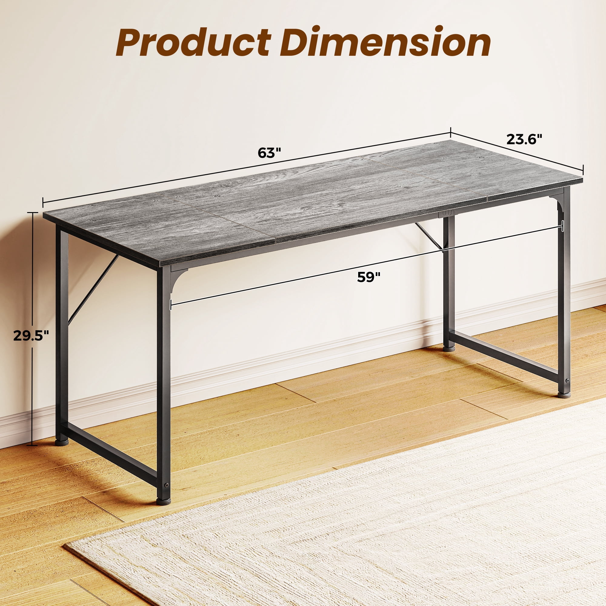 63" Computer Desk, Modern Office, Study & Gaming Desk with Storage, Large Legroom, Sturdy Metal Frame
