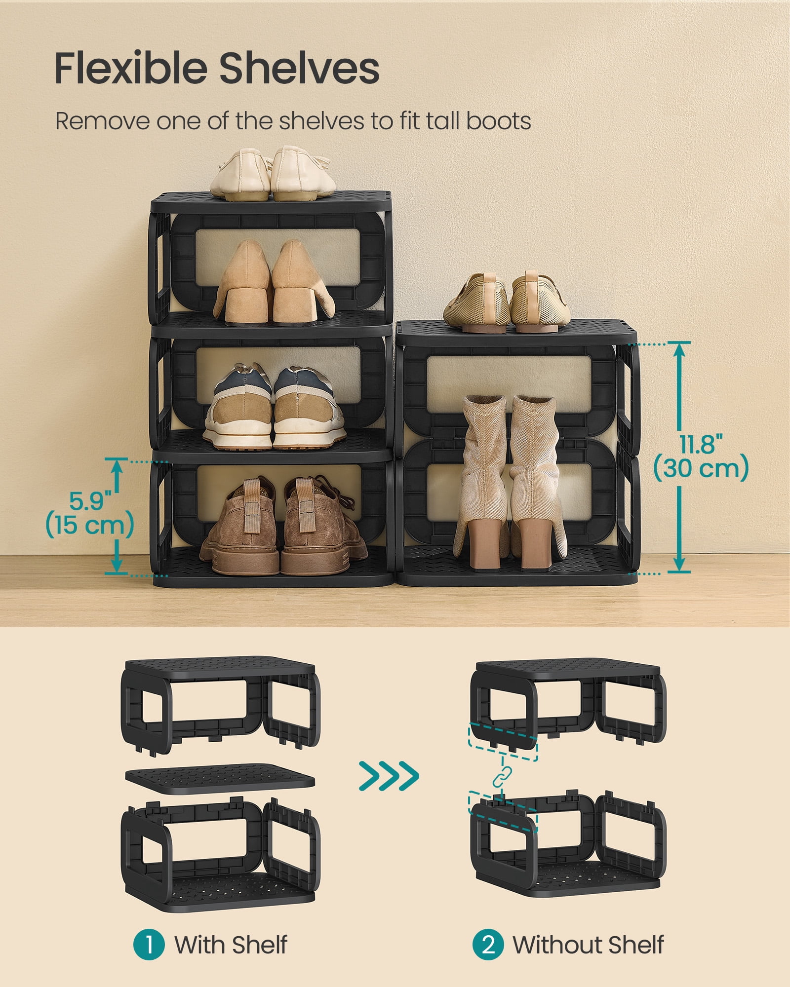 Shoe Rack, Shoe Organizer, 12 Shelves, Shoe Storage, Narrow Shoe Shelf, Open Shelf for Entryway, Living Room, Space-Saving, Ink Black