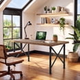 thumbnail image 6 of Finmind Solid Wood Executive Desk, 63 inch Industrial Home Office Desk with Sturdy X-Shaped Metal Legs, Brown and Black, 6 of 10
