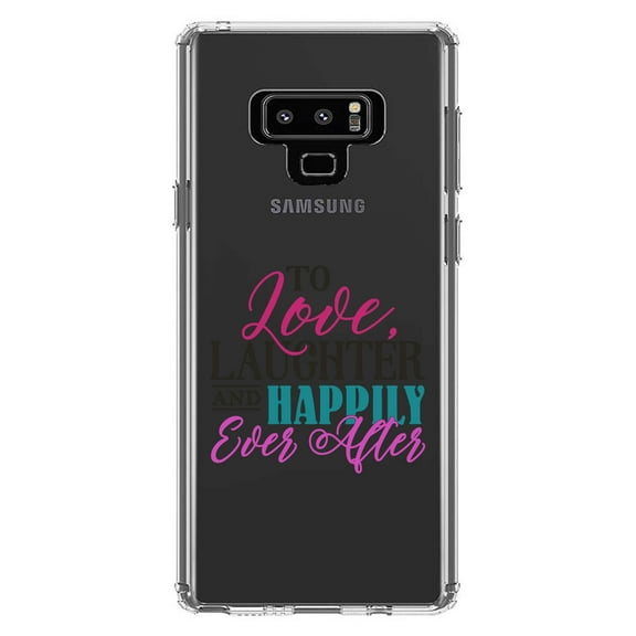 DistinctInk Clear Shockproof Hybrid Case for Samsung Galaxy Note 9 - TPU Bumper Acrylic Back Tempered Glass Screen Protector - Love Laughter & Happily Ever After