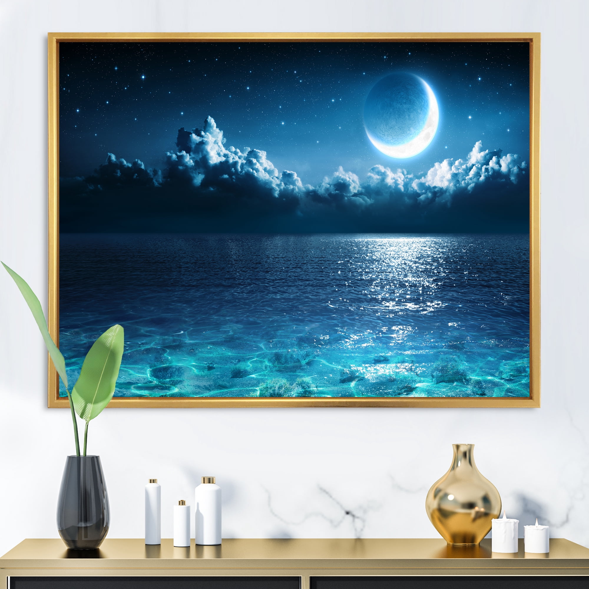 Designart 'Romantic Moon and Clouds Over Deep Blue Sea I' Nautical & Coastal Framed Canvas Wall Art Print