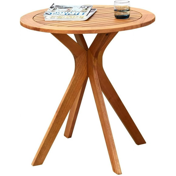 "Round Wooden Bistro Table - X-Shaped Base, Teak Patio Table for Indoor/Outdoor Use in Garden, Backyard or Living Room"
