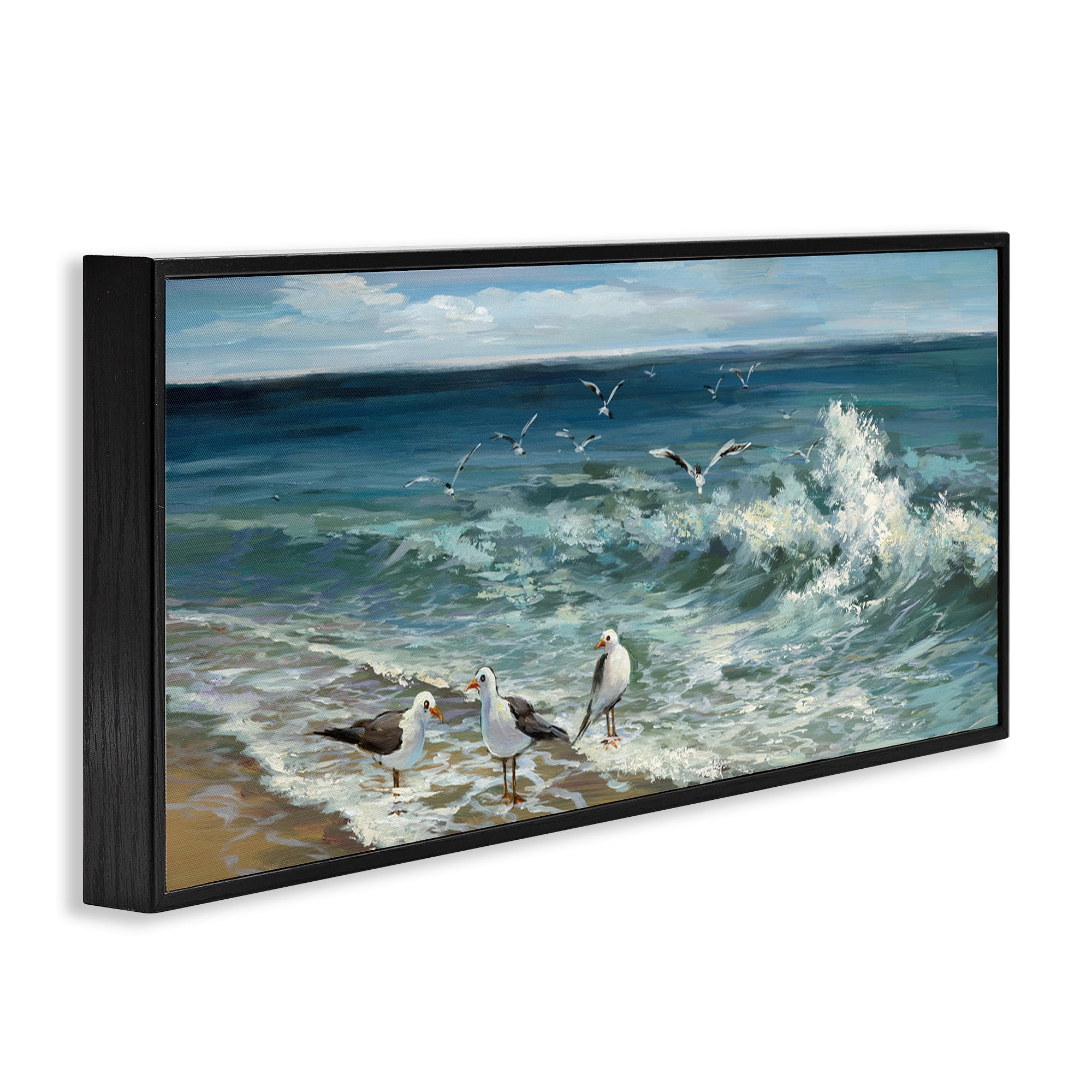 Stupell Industries Incoming Beach Tide Seagulls Nature Painting Black Framed Art Print Wall Art, 24 x 10