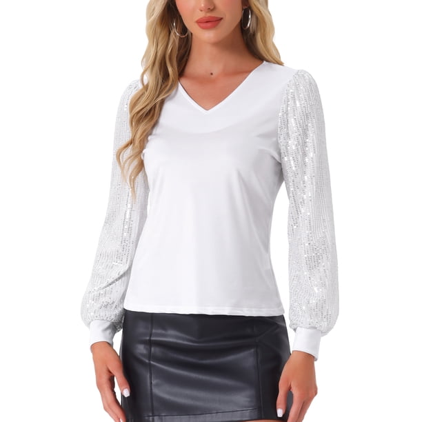 INSPIRAR CHIC Top de Manga de Lentejuelas para Mujer con Cuello en V, Tops Brillantes para Fiesta XS Blanco
