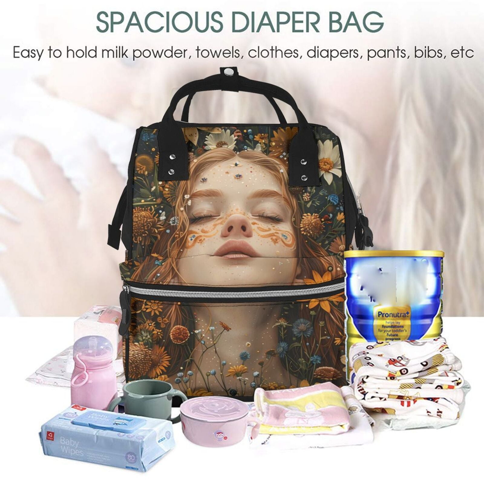 Fuzoiu Whimsical Flower Crown Maiden Print Diaper Bag Backpack,Baby Essentials Travel Tote,Multi function Waterproof Diaper Bag, Travel Essentials Baby Bag - Unisex