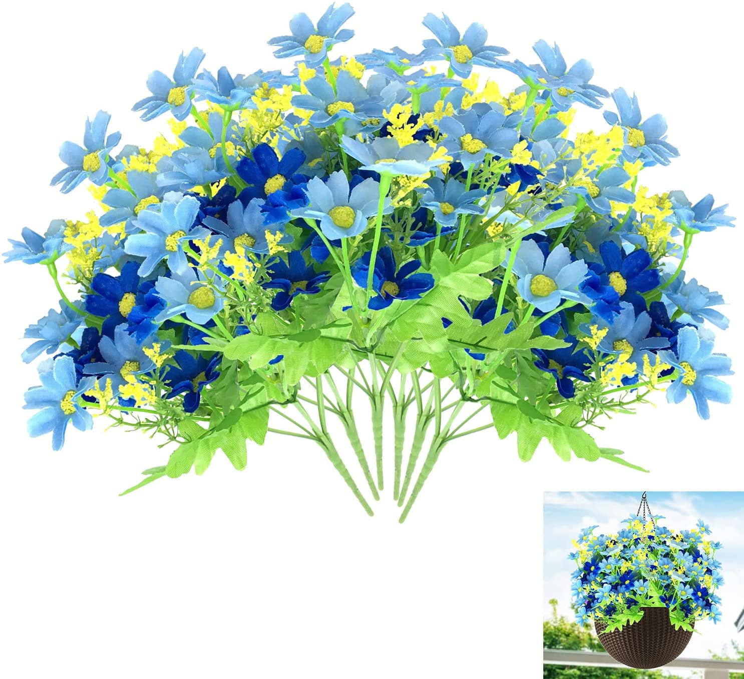 Zukuco 6 Bundles Artificial Flowers Blue Silk Daisy for Garden Porch