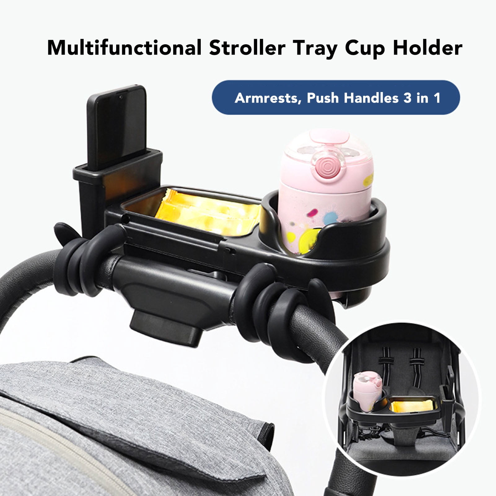 YAHHU Universal Stroller Snack Tray with Cup Holder Multifunctional Portable Plastic Attachment for Baby Toddler Travel Accessories Black Compatible with Most Stroller Bumper Bars