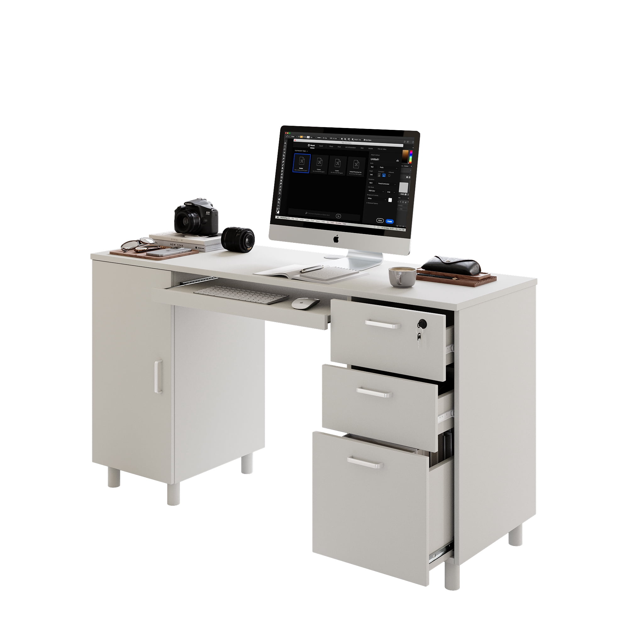 Modern Design Venice Computer Desk Great for Home Office Desk by Crafts and Comfort - 3 Drawers and CPU Storage Cabinet - Laptop Workstation with Keyboard Tray and Cable Hole - White