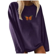Hxroolrp Women's Fashion Solid Color Butterfly Print Sweater Long Sleeves