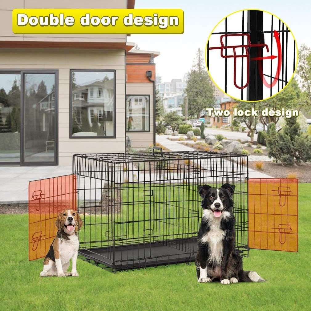 BestPet Large Dog Crate, 30in, Metal Wire, Double Door, Folding, Plastic Tray, Handle, Black