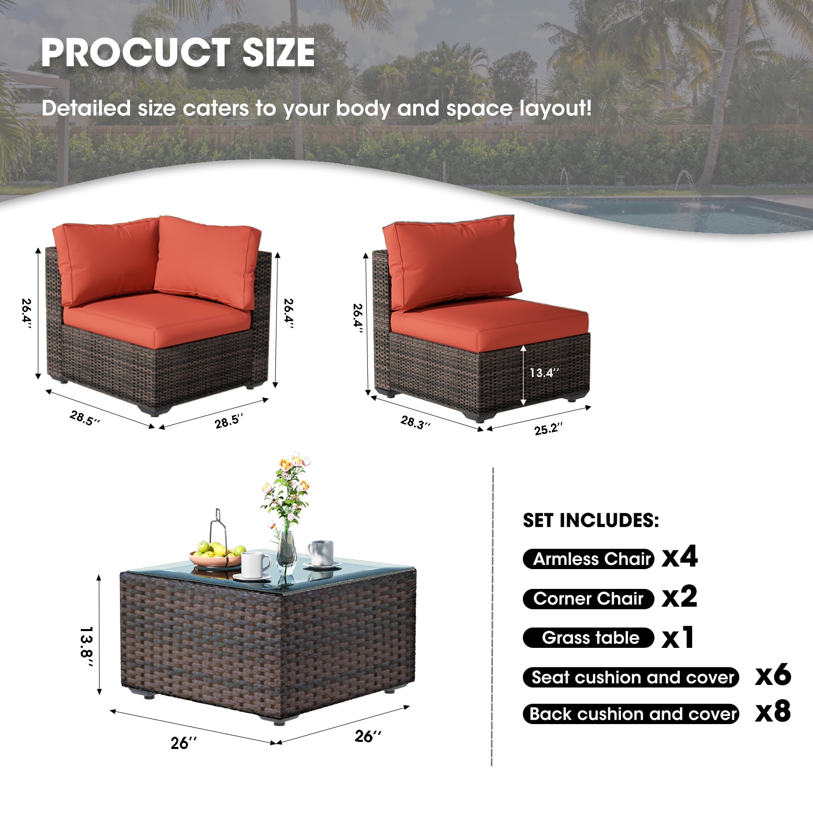 Gaildon 7 Patio Outdoor Furniture Wicker Sectional Sofa Couch Lawn Sectional Black Glass Table, Red