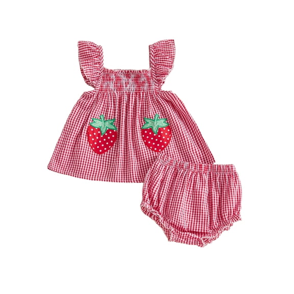 Loicainy Baby Toddler Girls Strawberry Embroidery Outfits 3 6 12 18 24 Months Flying Sleeve Plaid Tops PP Shorts Summer Clothes Sets