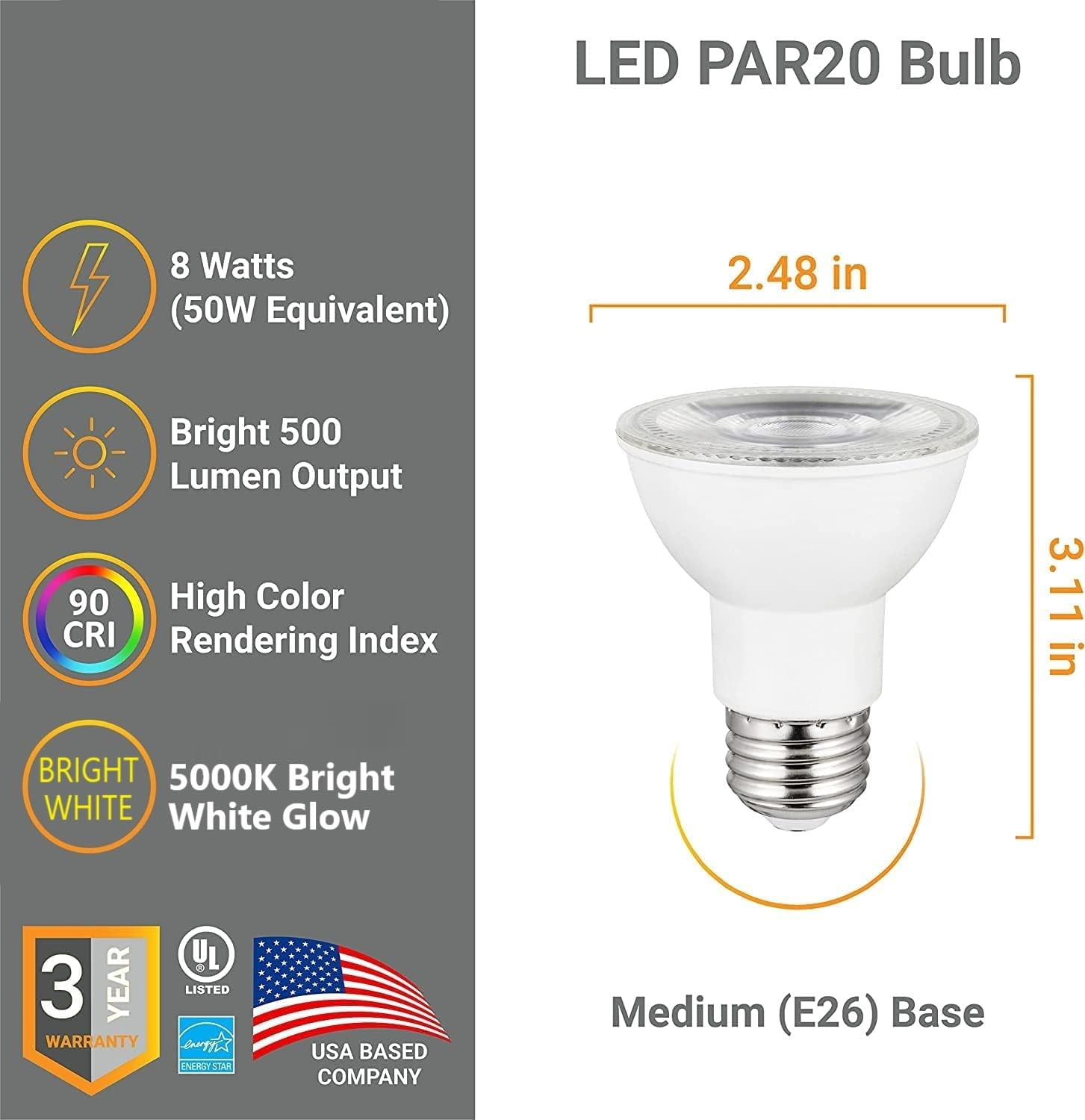 Diodesy- Pack of 6 PAR20/LED/8W/CRI90/50K PAR20 LED Long Neck Spotlight Bulb, 8 Watt (50W Halogen EQ), 5000K Bright White, CRI90, E26 Dimmable Indoor Outdoor Home Residential Wide Area Flood Light, UL