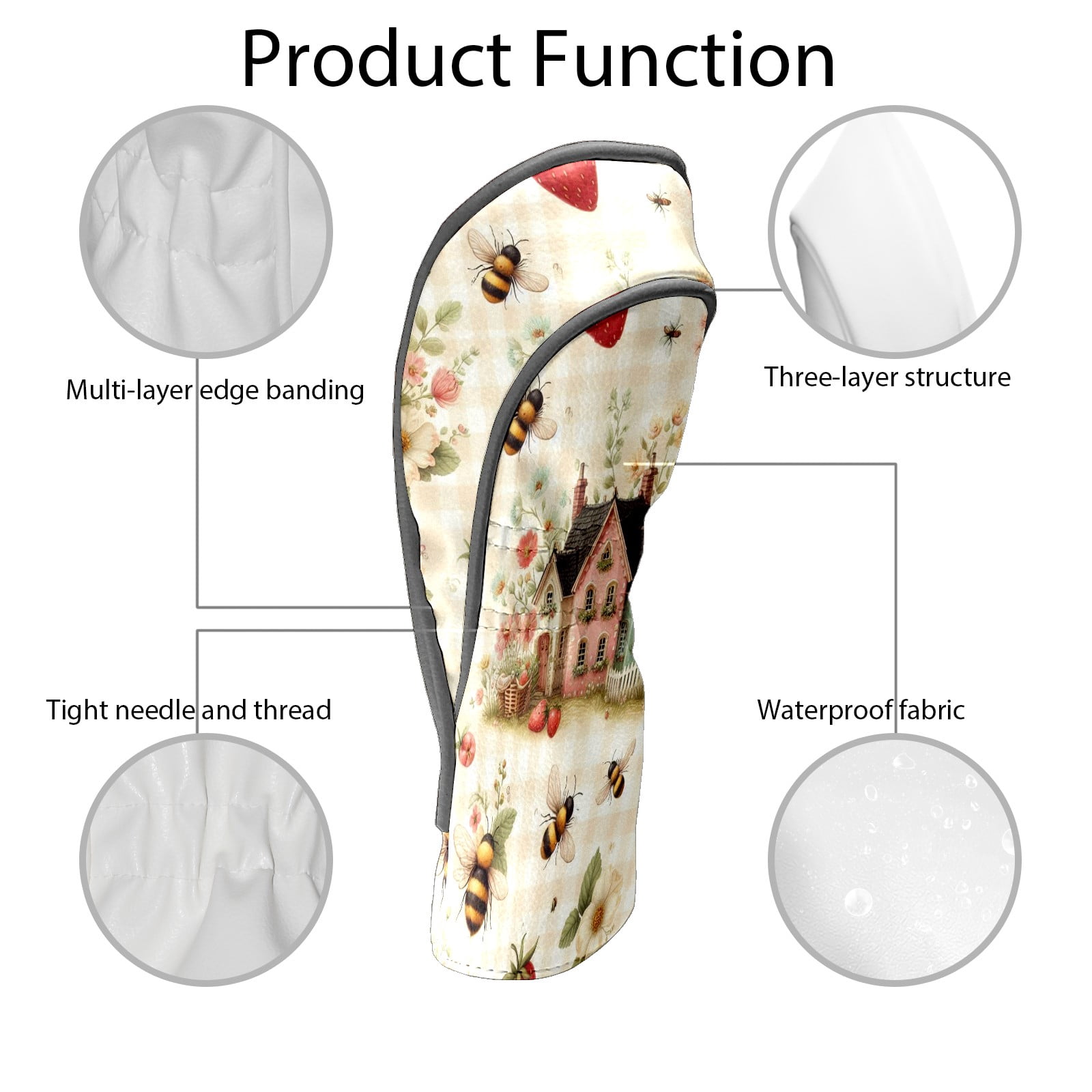 Golf Club Covers, Beige Cottage Bees Premium PU Leather Driver Hybrid Putter Head Covers with Velvet Lining, Waterproof Golf Gifts for Men Women