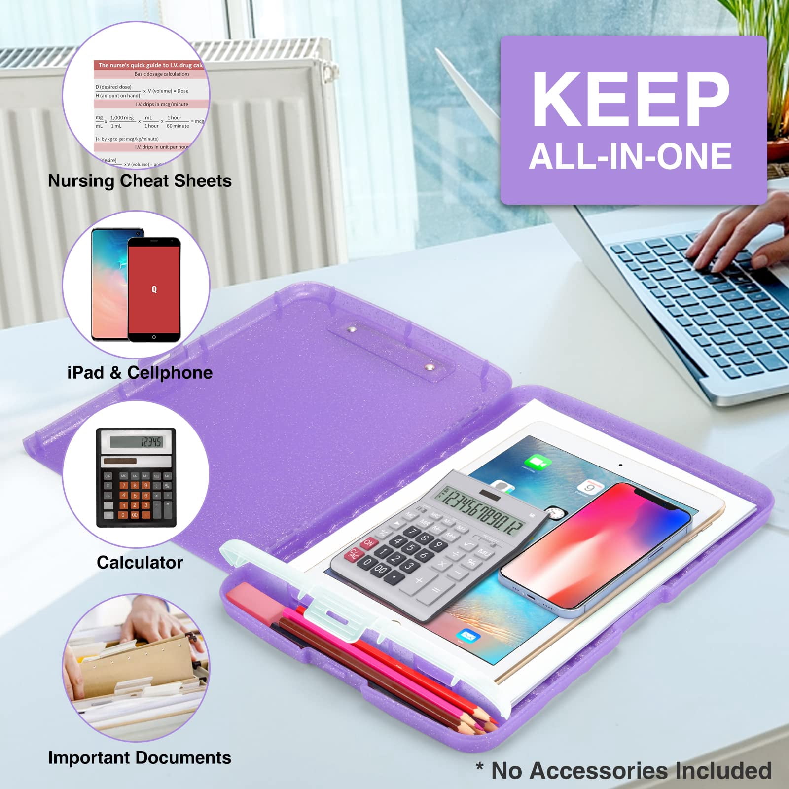Glitter Clipboard With Storage  High Capacity Clip Boards 8.5x11 Pen Holder Cute Clipboards Low Profile Sparkle Plastic Organizer Case Box For Women & Side Opening
