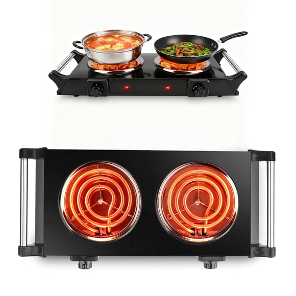 Double Hot Plate, 2000W Portable Countertop Burner & Electric Stove, 5-Level Temp, Portable Handle, Cast Iron Double Burner Cooktop for Home/RV/Campi