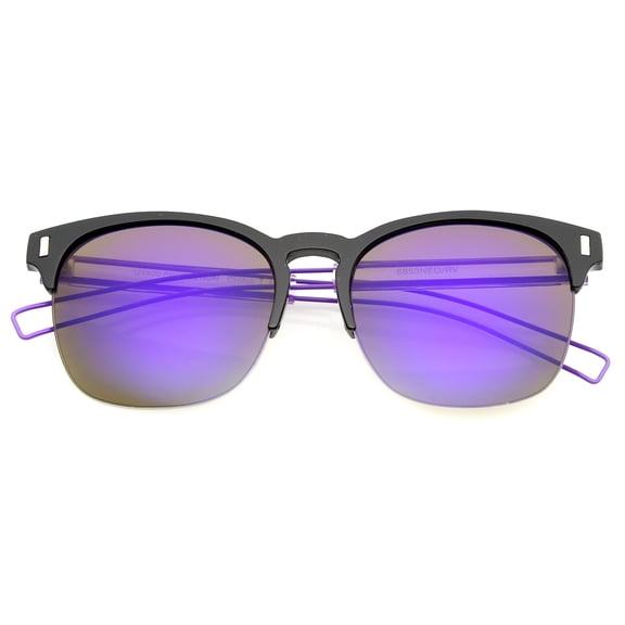 sunglassLA Unisex Semi Rimless Wire Hook Temples Square Colored Mirror Lens Horn Rimmed Sunglasses 56mm (Black-Purple / Purple Mirror) - 56mm