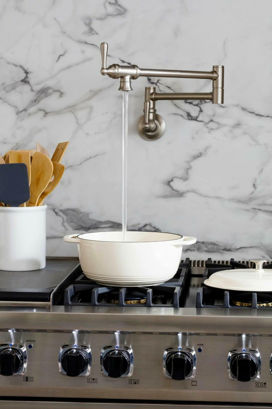 MOEN S664BZG Traditional Pot Filler Double Handle Wall Mount Kitchen Pot Filler in Bronzed Gold