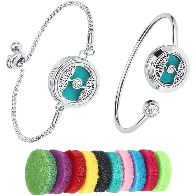 1 Box 2 Sets Essential Oil Bracelets Tree of Life Bangle Bracelet with 10Pcs Refill Pads Aromatherapy Diffuser Stainless Steel Adjustable Chain Band Pendant Jewelry for Women Gifts Birthday