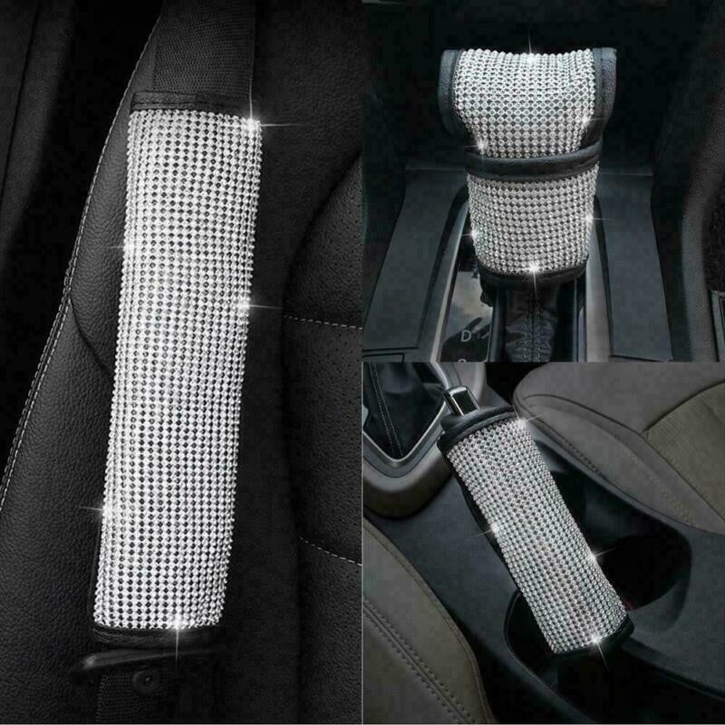 Include Car Gear Shift Cover,Car Seat Belt Covers,Car Sticker Ring Emblem for Women Girls 7 Pieces Bling Crystal Diamond Car Accessories Set