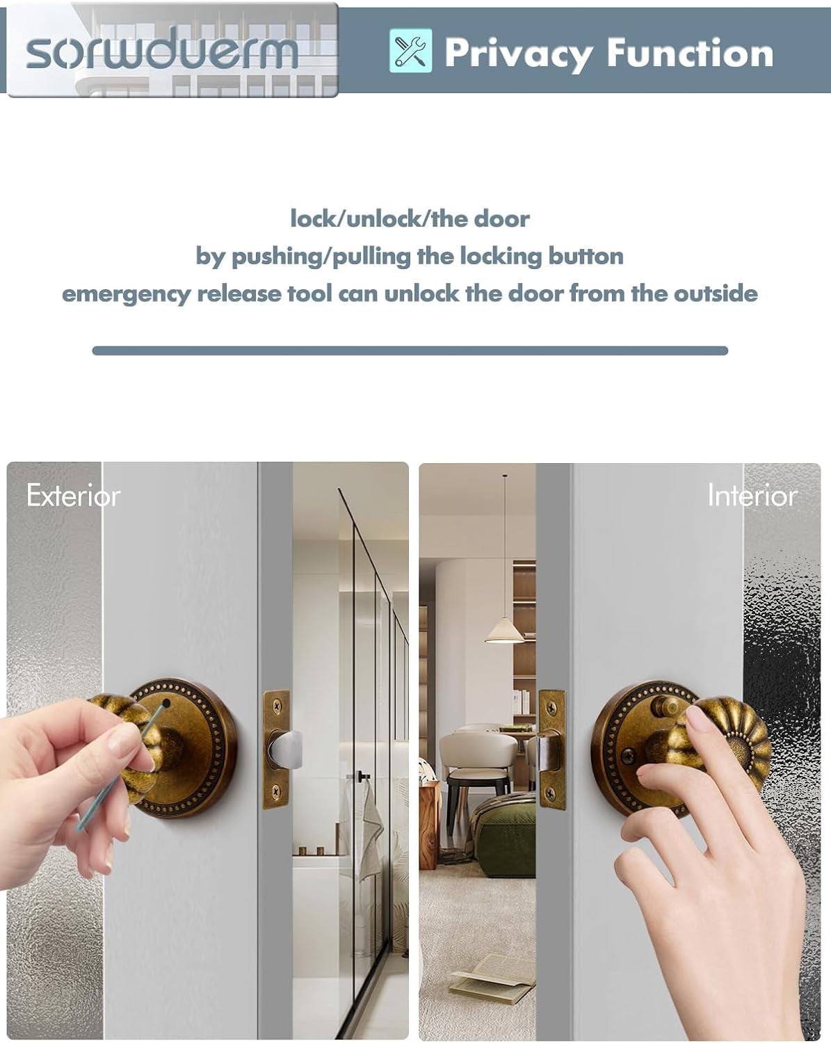 Antique Brass Door Knobs Interior Privacy Door Knob with Lock for Bedroom and Bathroom,Zinc Alloy 1 Pack