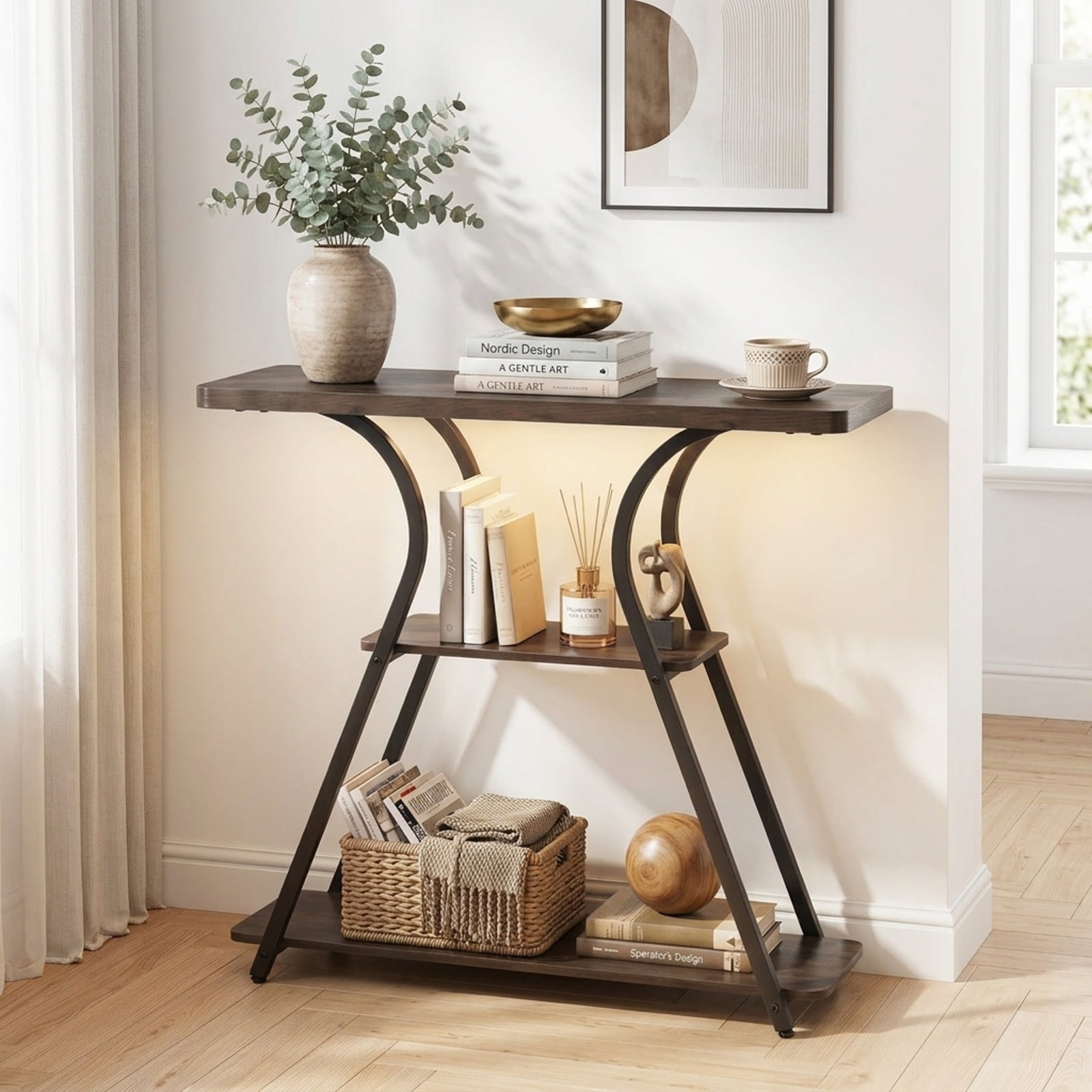 Furnibear 32 Inch Narrow Console Table for Entryway with USB Type-C AC Outlets 16-Color RGB LED Lights and 3-Tier Storage Shelves, Rustic Brown