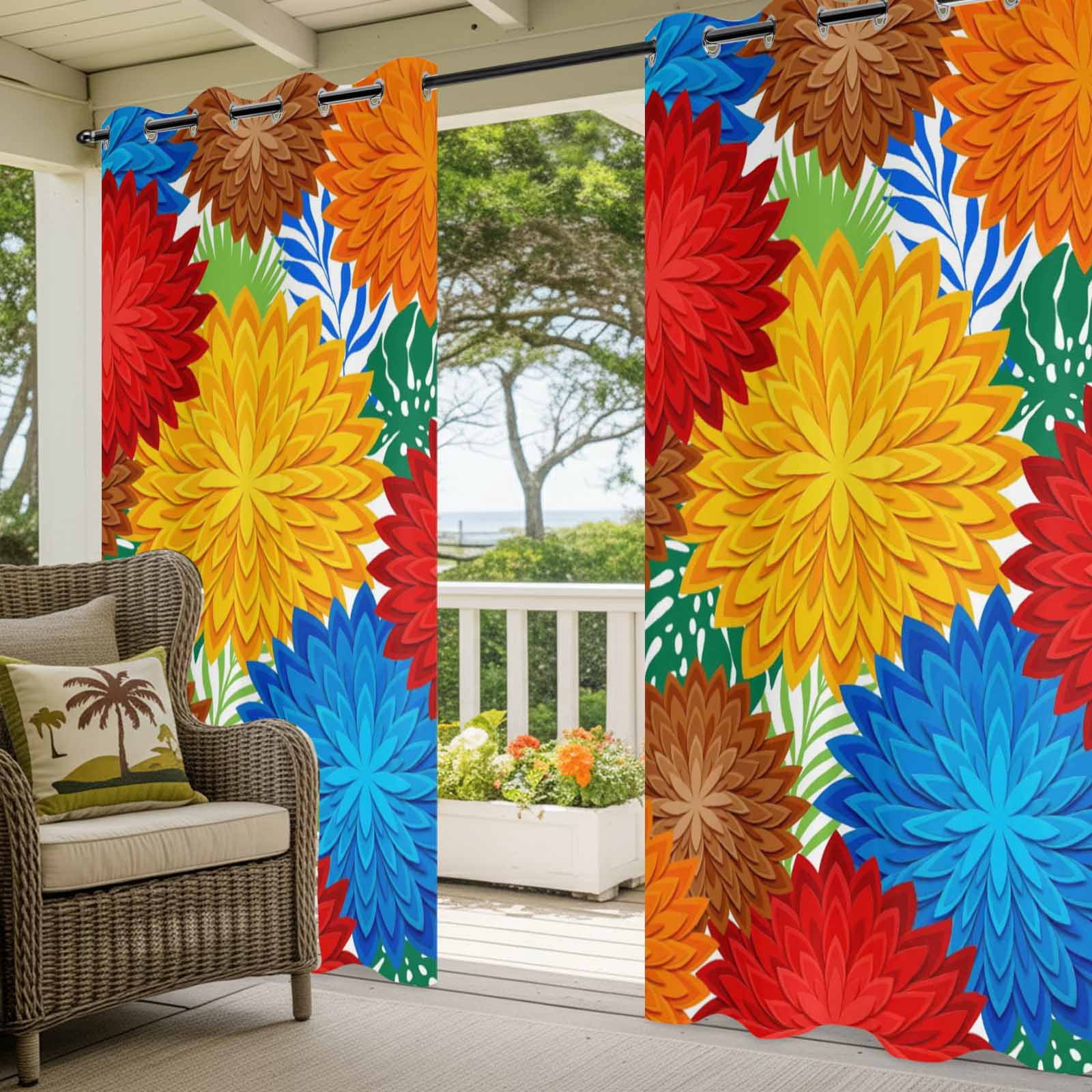 Dahlias Bloom Outdoor Curtains for Patio, Modern Exotic Minimalist Red Blue Yellow Orange Brown Flowers Sunshade Privacy Drapes Grommet Waterproof Outside Curtains for Porch Balcony 54"x108", 1 Panel